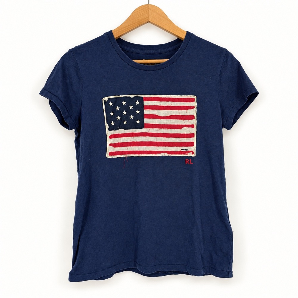 Polo Ralph Lauren Women Small T-Shirt American Flag Patch Embroidered Distressed